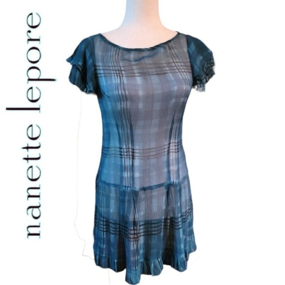 Beautiful Nanette Lapore 2-pc Silk Plaid Turqoiuse Blue Short Sleeve Dress, sz 2 - Picture 3 of 16
